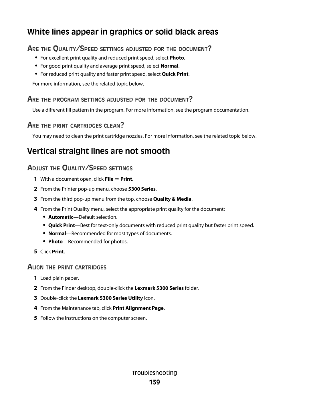 Lexmark 5300 manual White lines appear in graphics or solid black areas, Vertical straight lines are not smooth, 139 