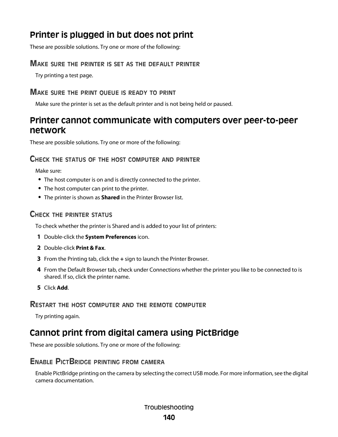 Lexmark 5300 manual Printer is plugged in but does not print, 140 