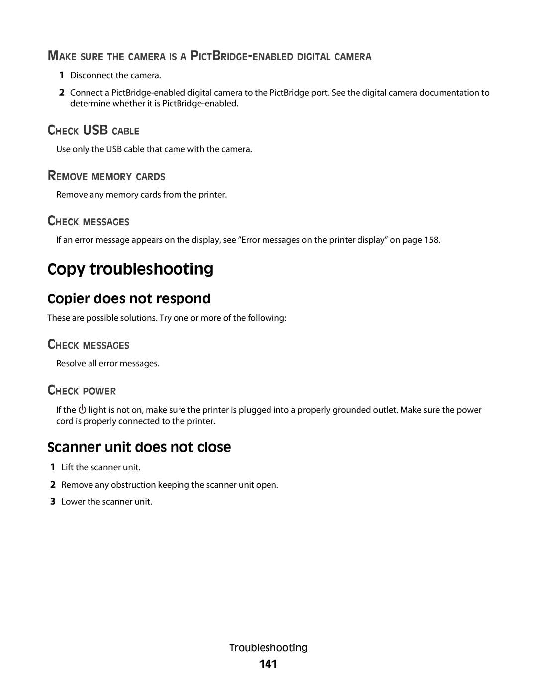 Lexmark 5300 manual Copy troubleshooting, Copier does not respond, Scanner unit does not close, 141 