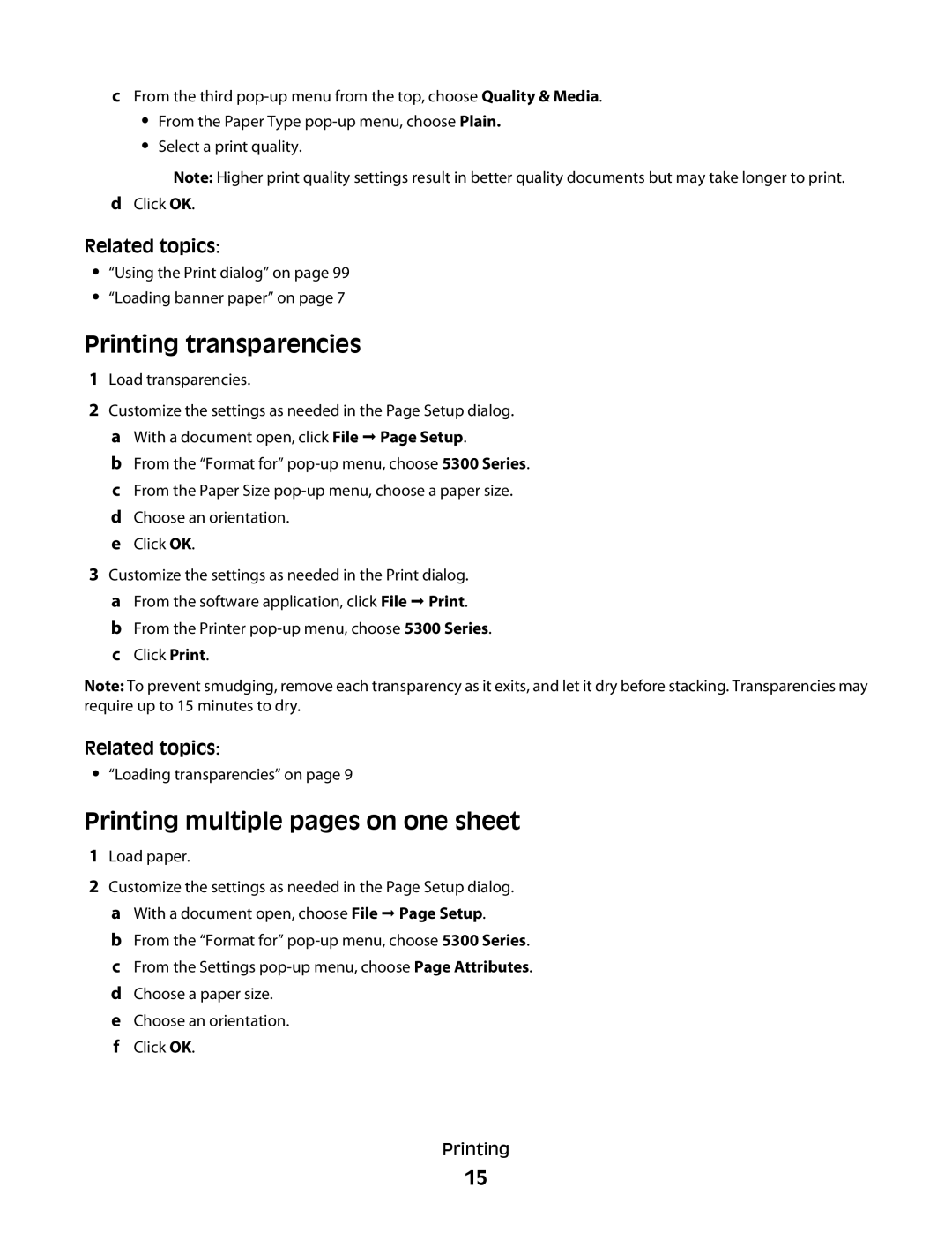 Lexmark 5300 manual Printing transparencies, Printing multiple pages on one sheet 