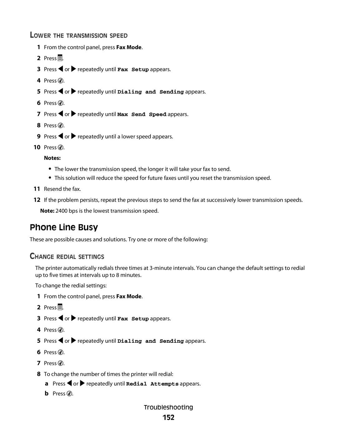 Lexmark 5300 manual Phone Line Busy, 152, Lower the Transmission Speed, Change Redial Settings 