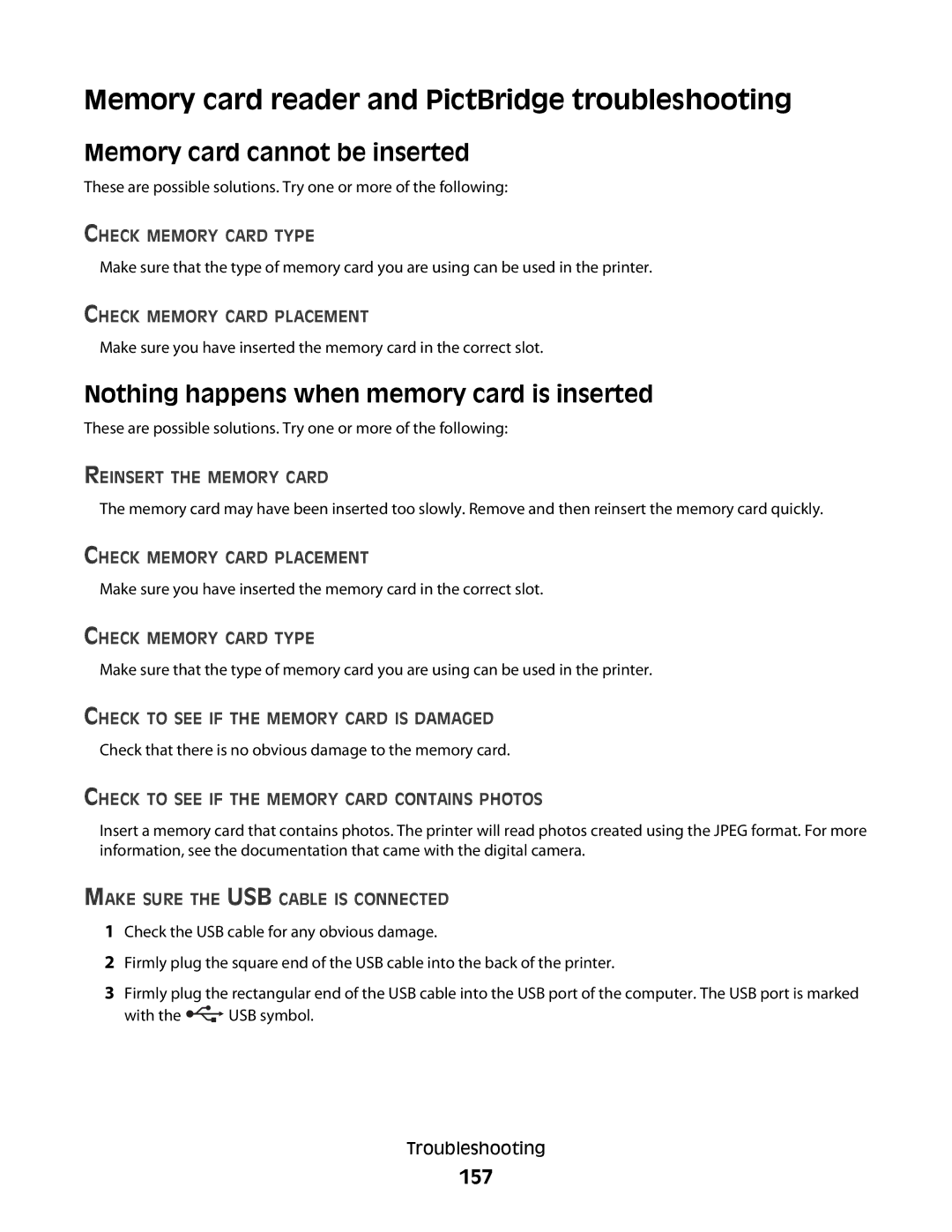 Lexmark 5300 manual Memory card reader and PictBridge troubleshooting, Memory card cannot be inserted, 157 