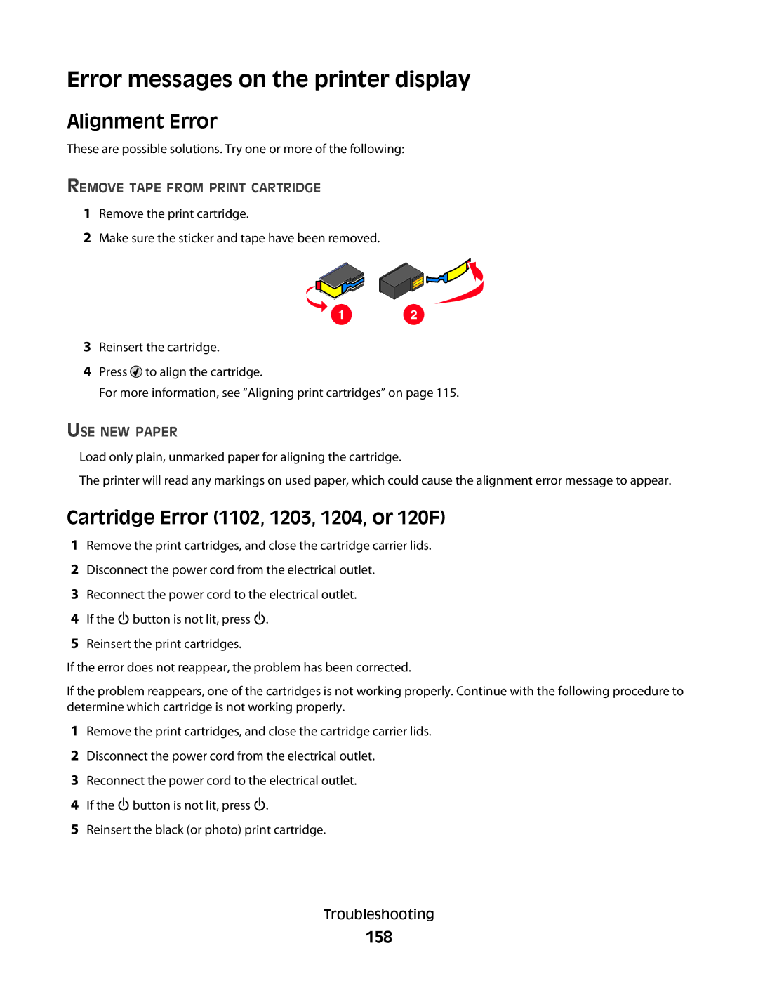 Lexmark 5300 manual Error messages on the printer display, Alignment Error, Cartridge Error 1102, 1203, 1204, or 120F, 158 