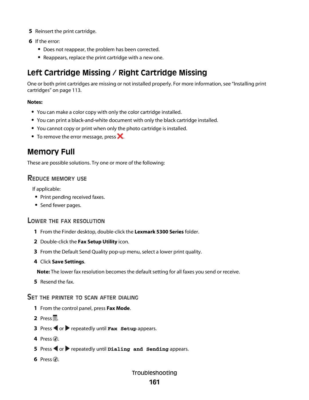 Lexmark 5300 manual Left Cartridge Missing / Right Cartridge Missing, Memory Full, 161 