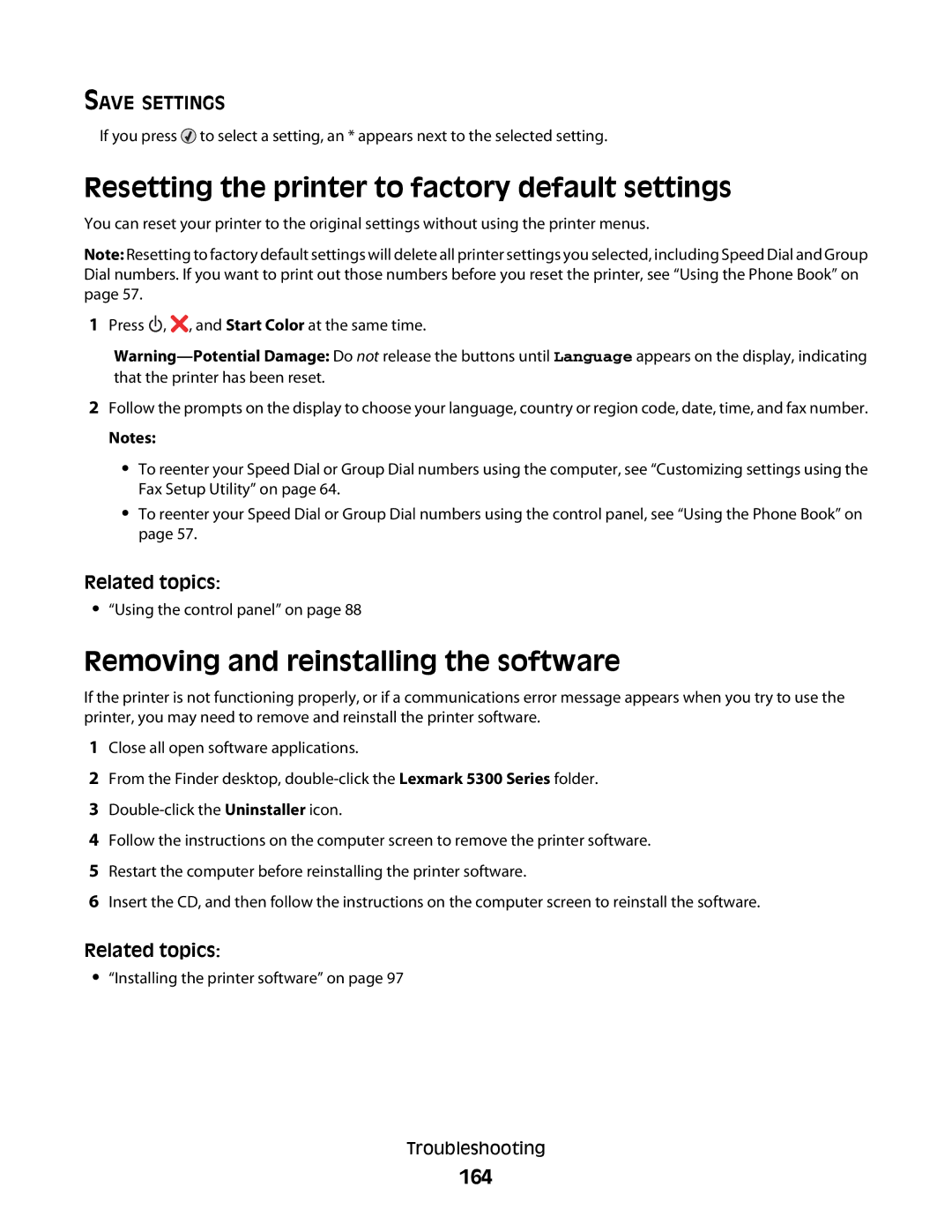 Lexmark 5300 manual Resetting the printer to factory default settings, Removing and reinstalling the software, 164 