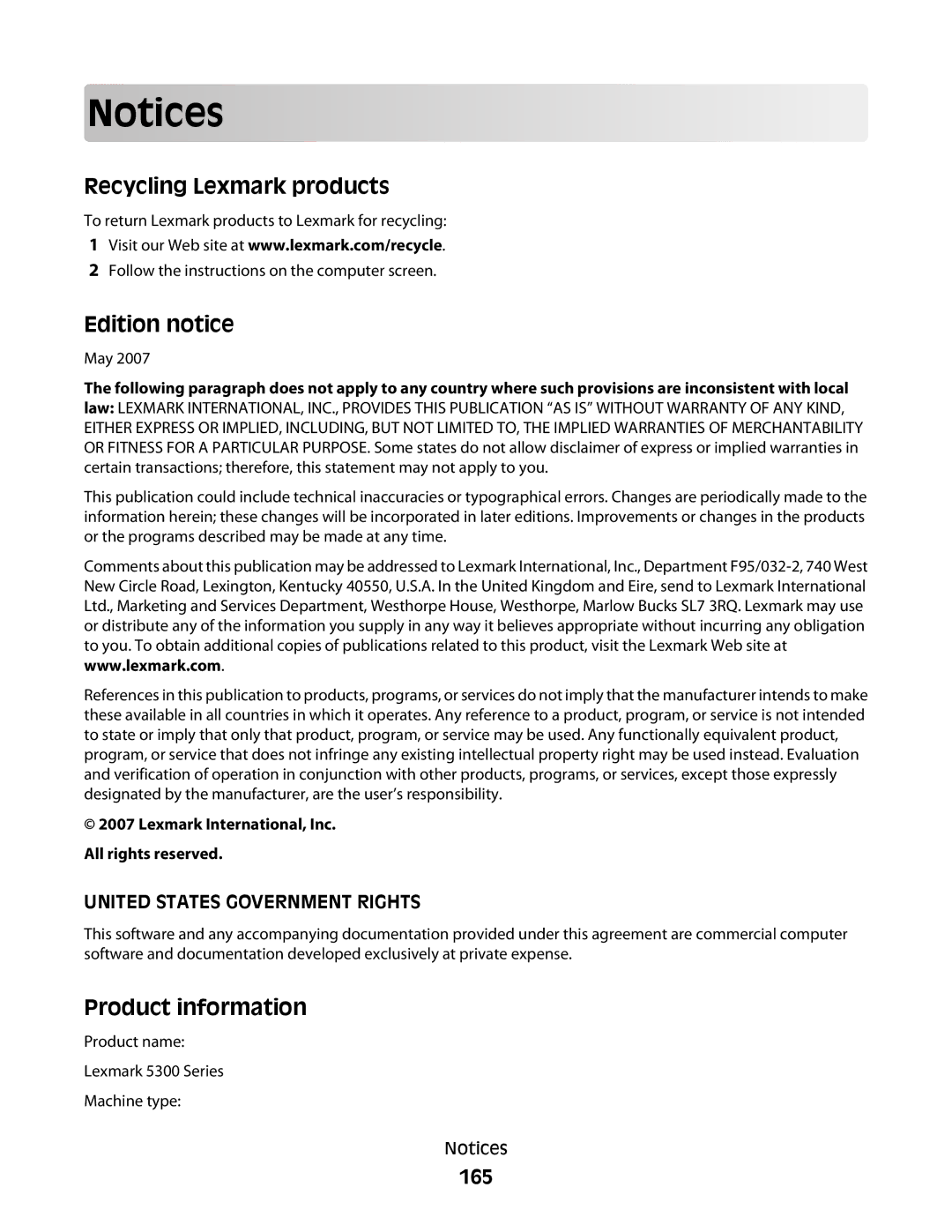 Lexmark 5300 manual Recycling Lexmark products, 165 