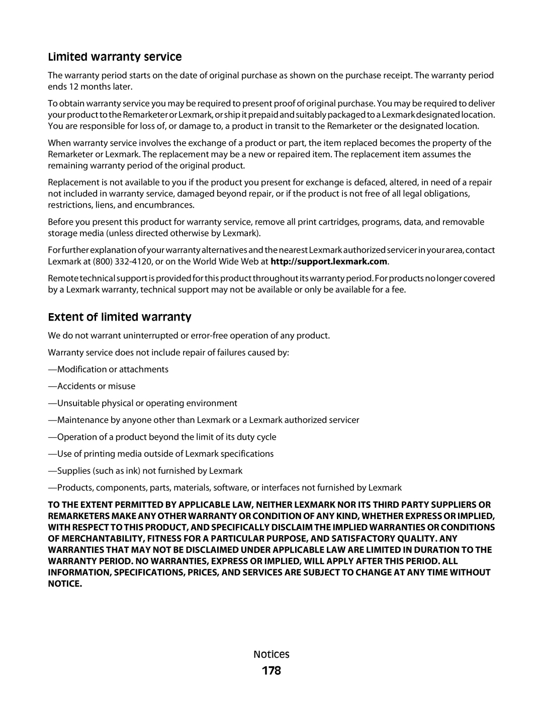 Lexmark 5300 manual 178, Limited warranty service 