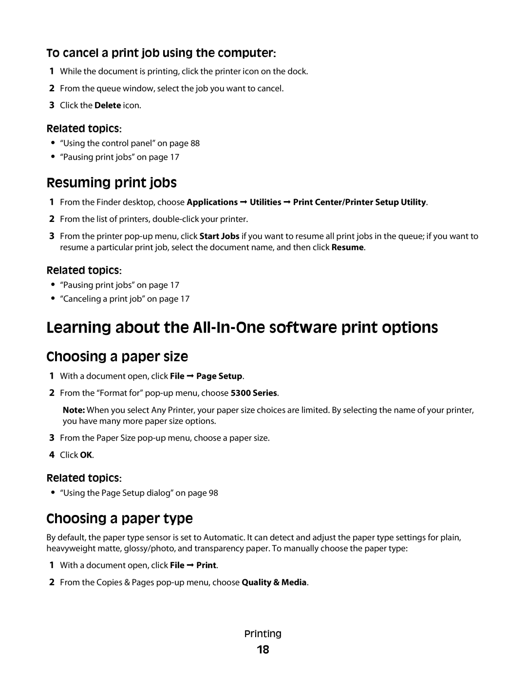 Lexmark 5300 manual Learning about the All-In-One software print options, Resuming print jobs, Choosing a paper size 