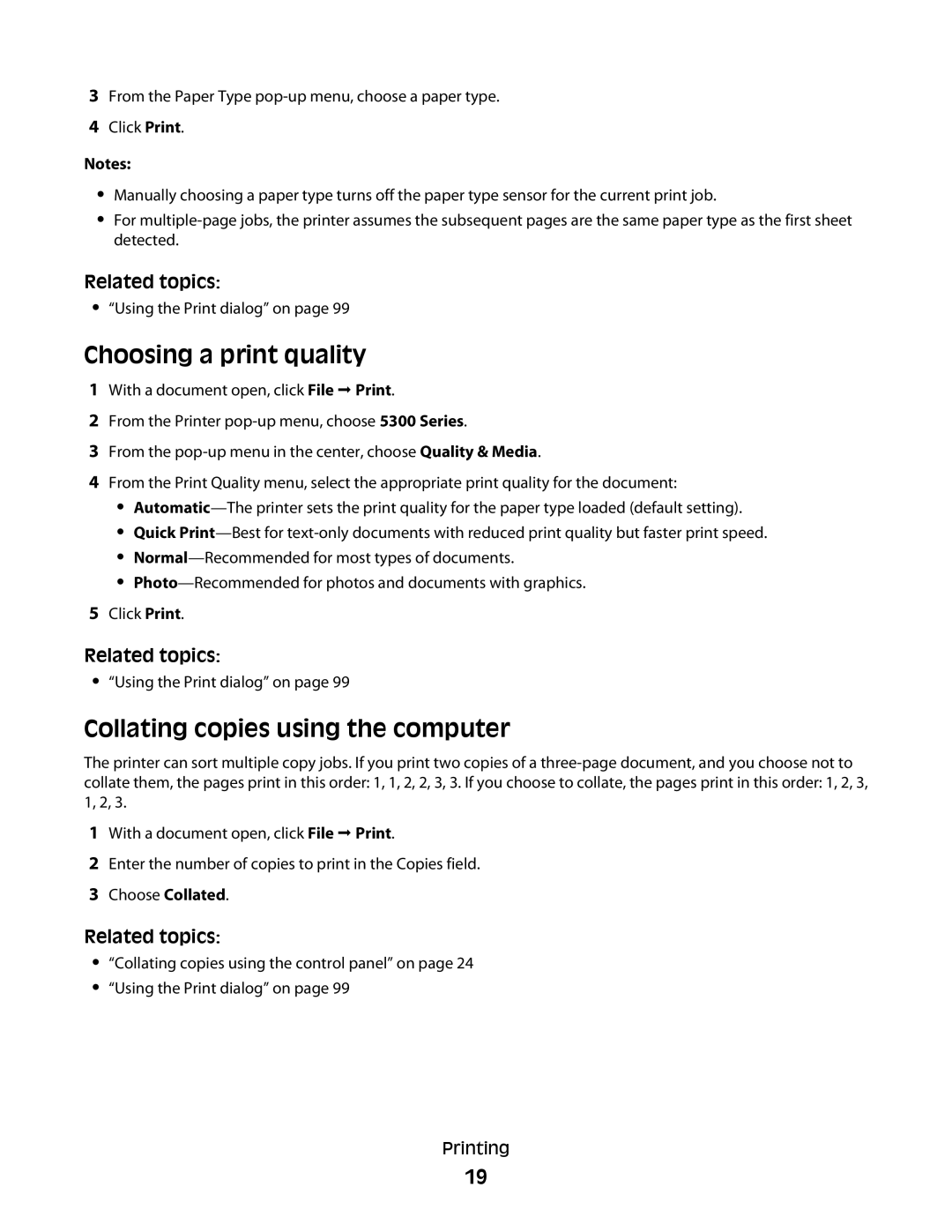 Lexmark 5300 manual Choosing a print quality, Collating copies using the computer 