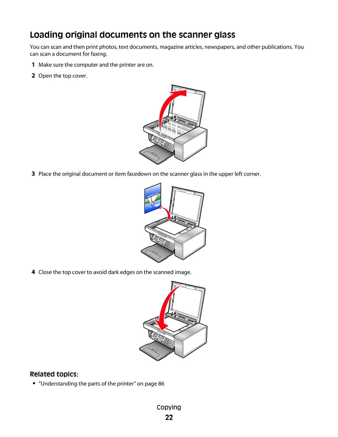 Lexmark 5300 manual Loading original documents on the scanner glass 