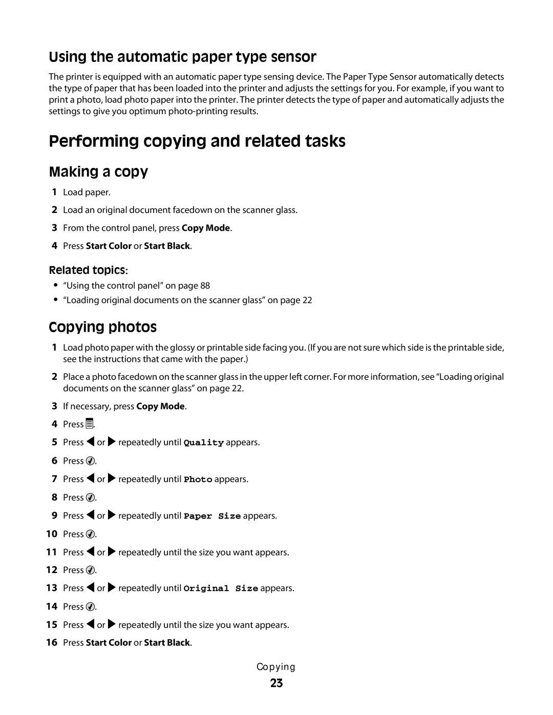 Lexmark 5300 manual Performing copying and related tasks, Making a copy, Copying photos 