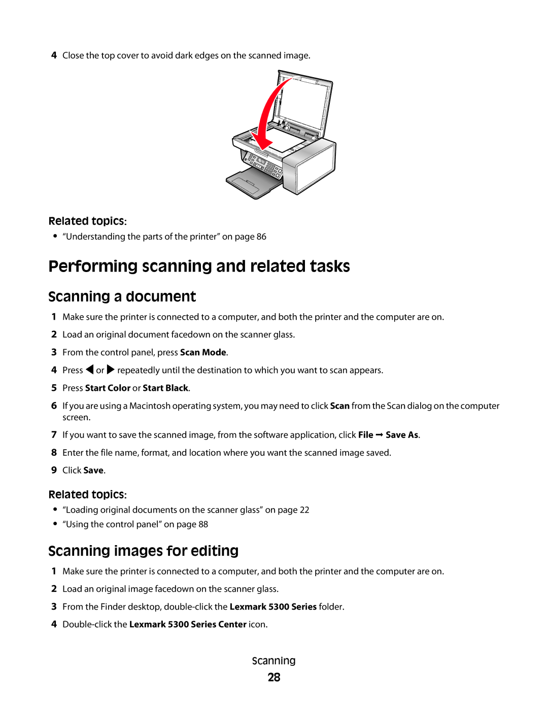 Lexmark 5300 manual Performing scanning and related tasks, Scanning a document, Scanning images for editing 