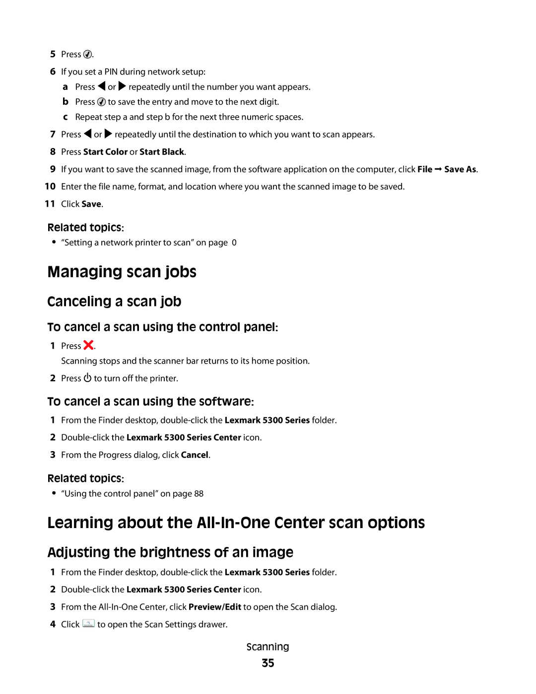 Lexmark 5300 manual Managing scan jobs, Learning about the All-In-One Center scan options, Canceling a scan job 