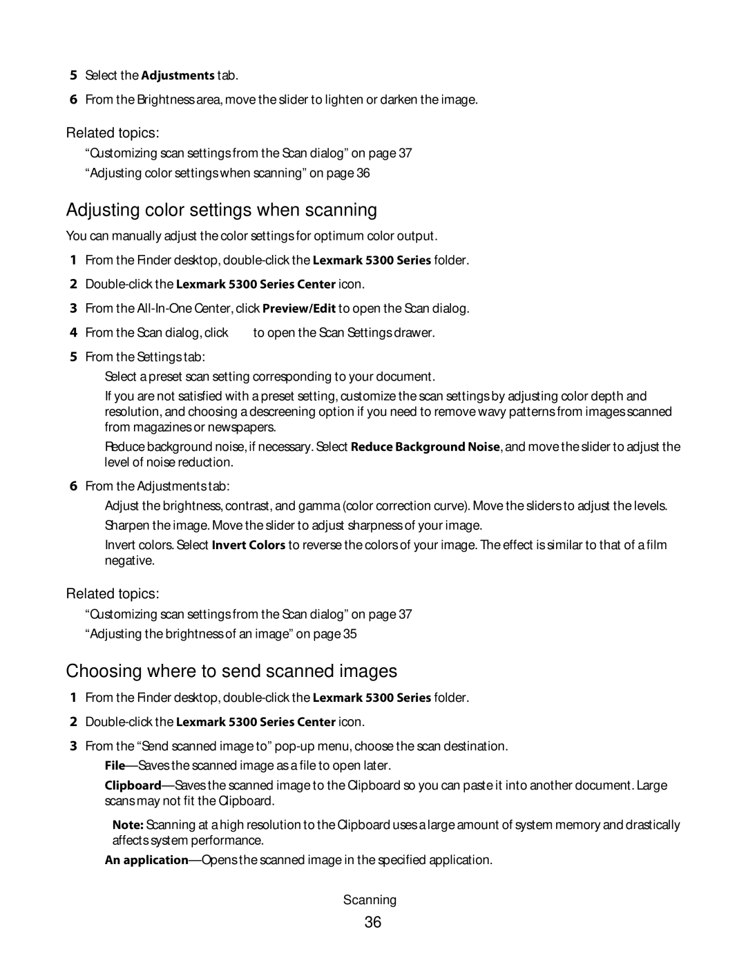 Lexmark 5300 manual Adjusting color settings when scanning, Choosing where to send scanned images 