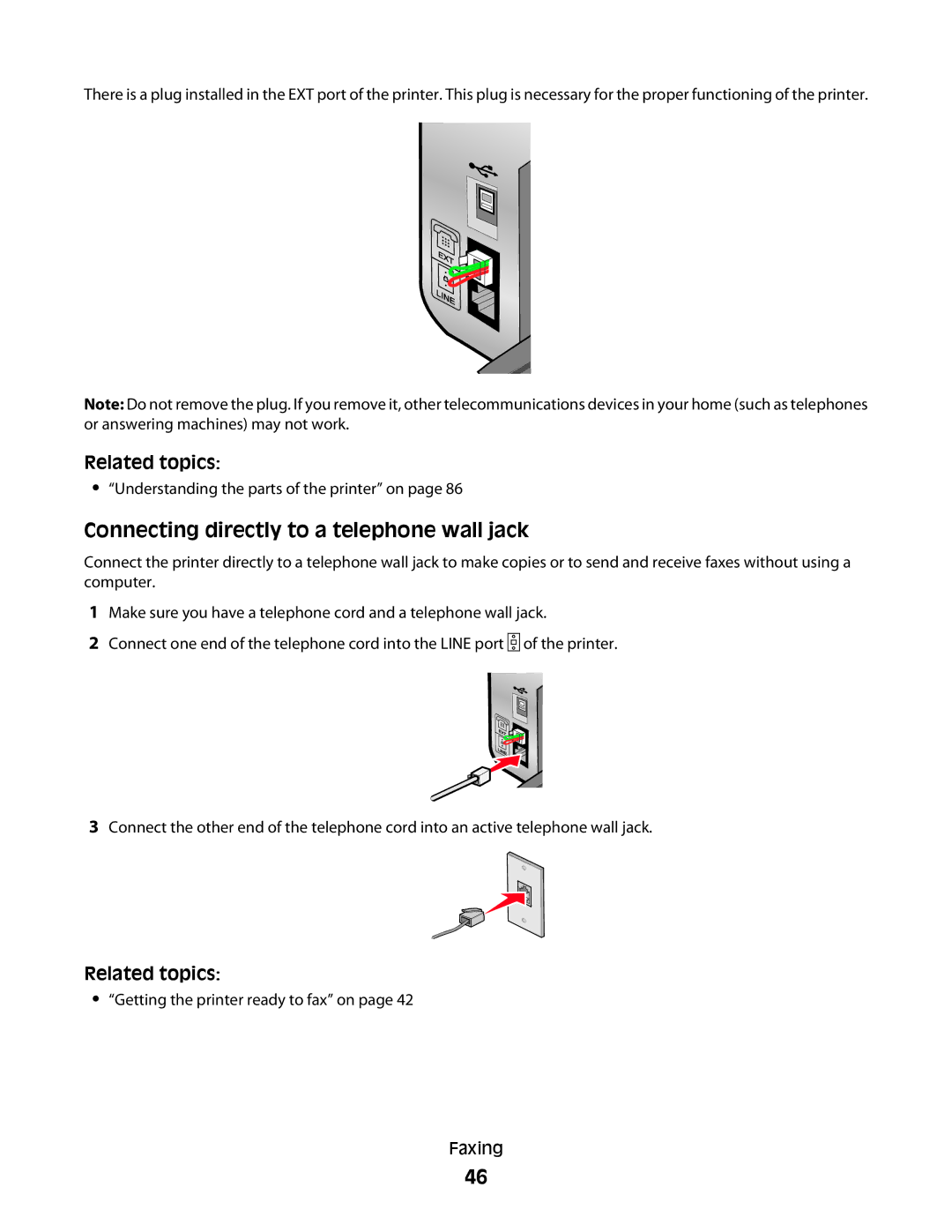 Lexmark 5300 manual Connecting directly to a telephone wall jack 