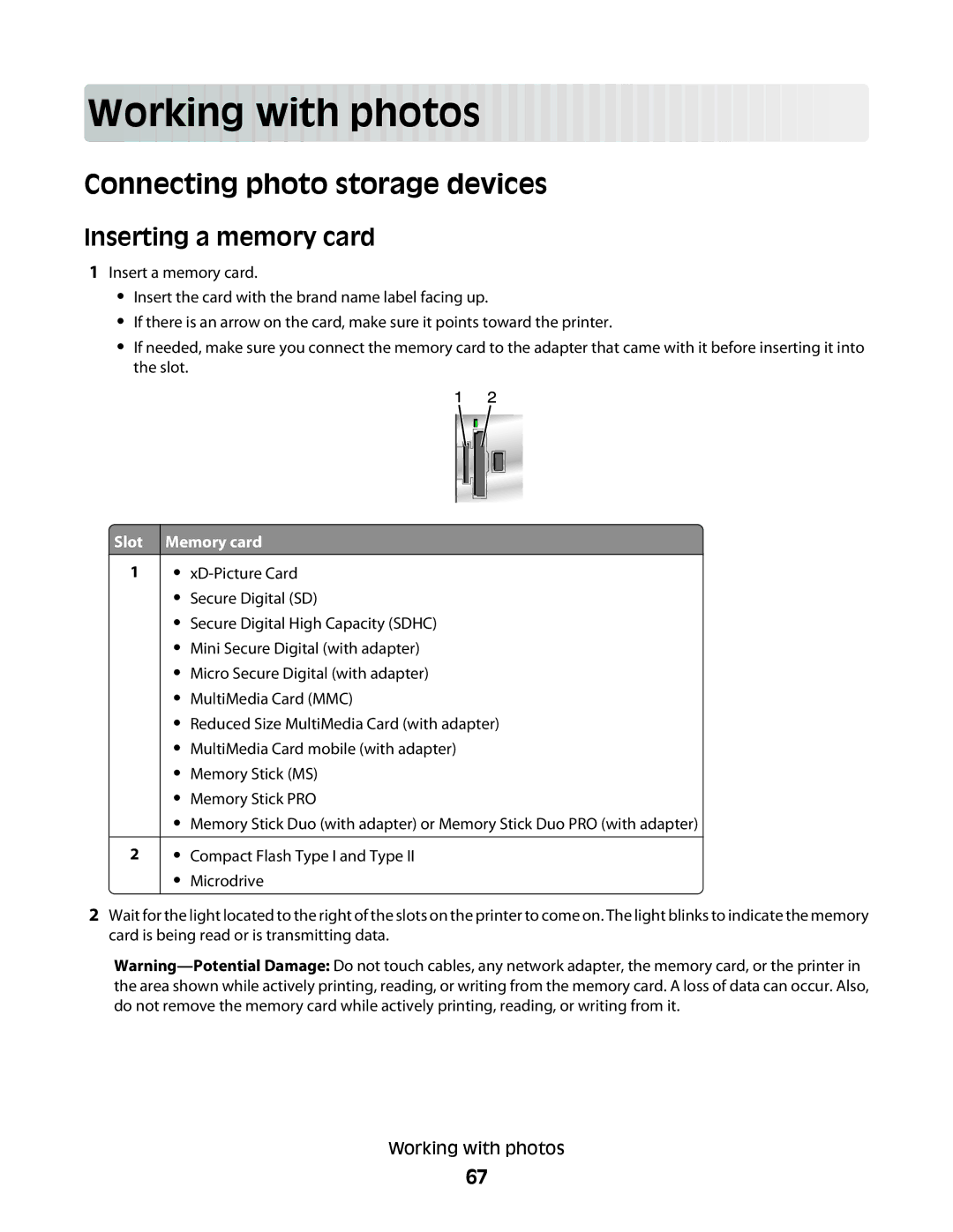 Lexmark 5300 manual Connecting photo storage devices, Inserting a memory card, Slot Memory card 