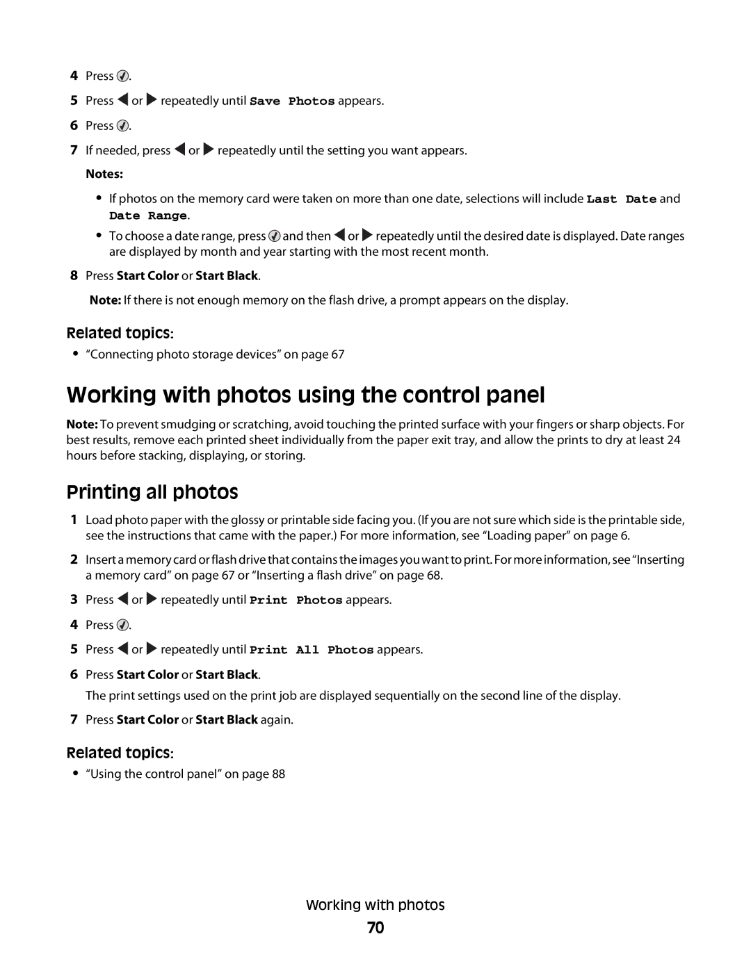 Lexmark 5300 manual Working with photos using the control panel, Printing all photos 