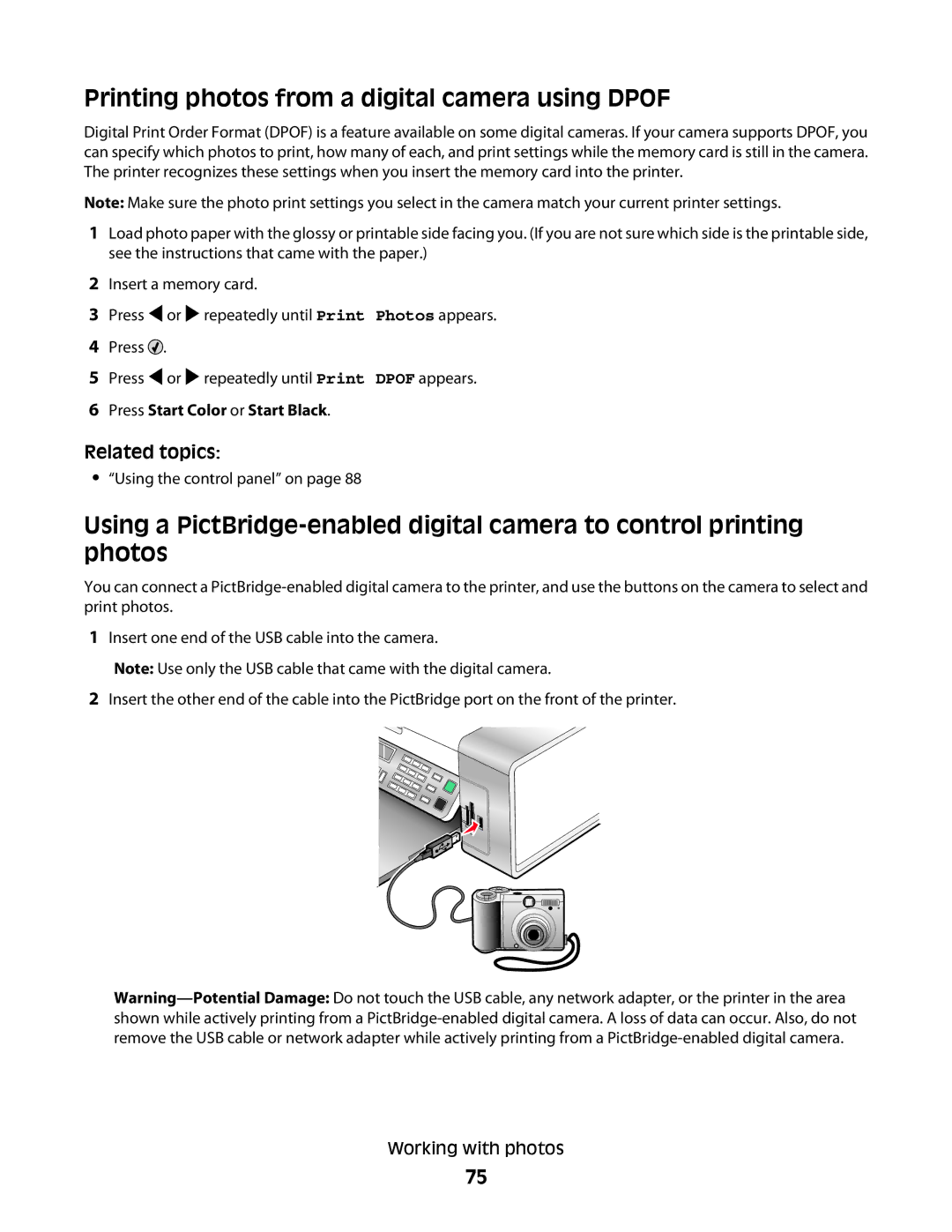 Lexmark 5300 manual Printing photos from a digital camera using Dpof 