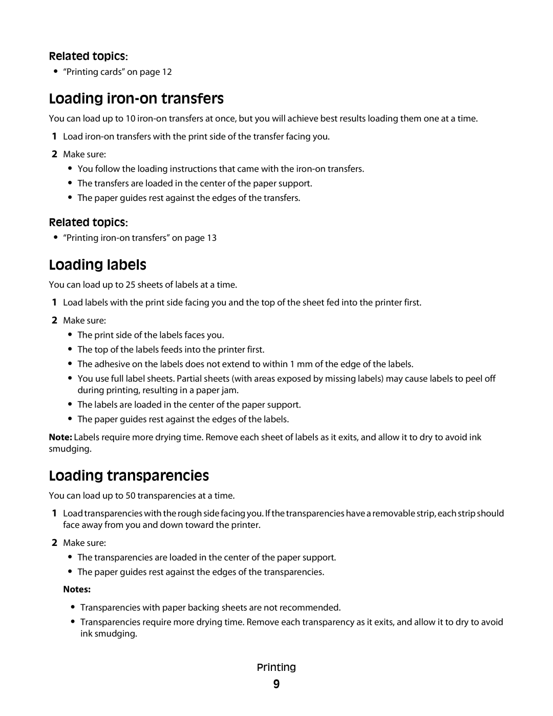 Lexmark 5300 manual Loading iron-on transfers, Loading labels, Loading transparencies 