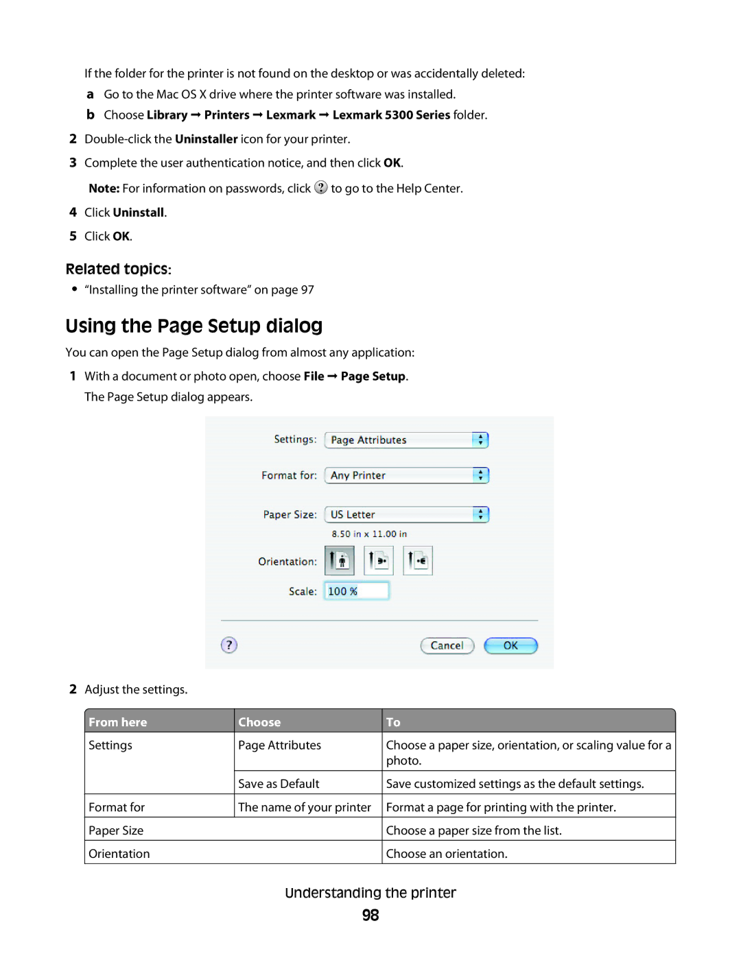 Lexmark 5300 manual Using the Page Setup dialog, From here Choose Settings Attributes 