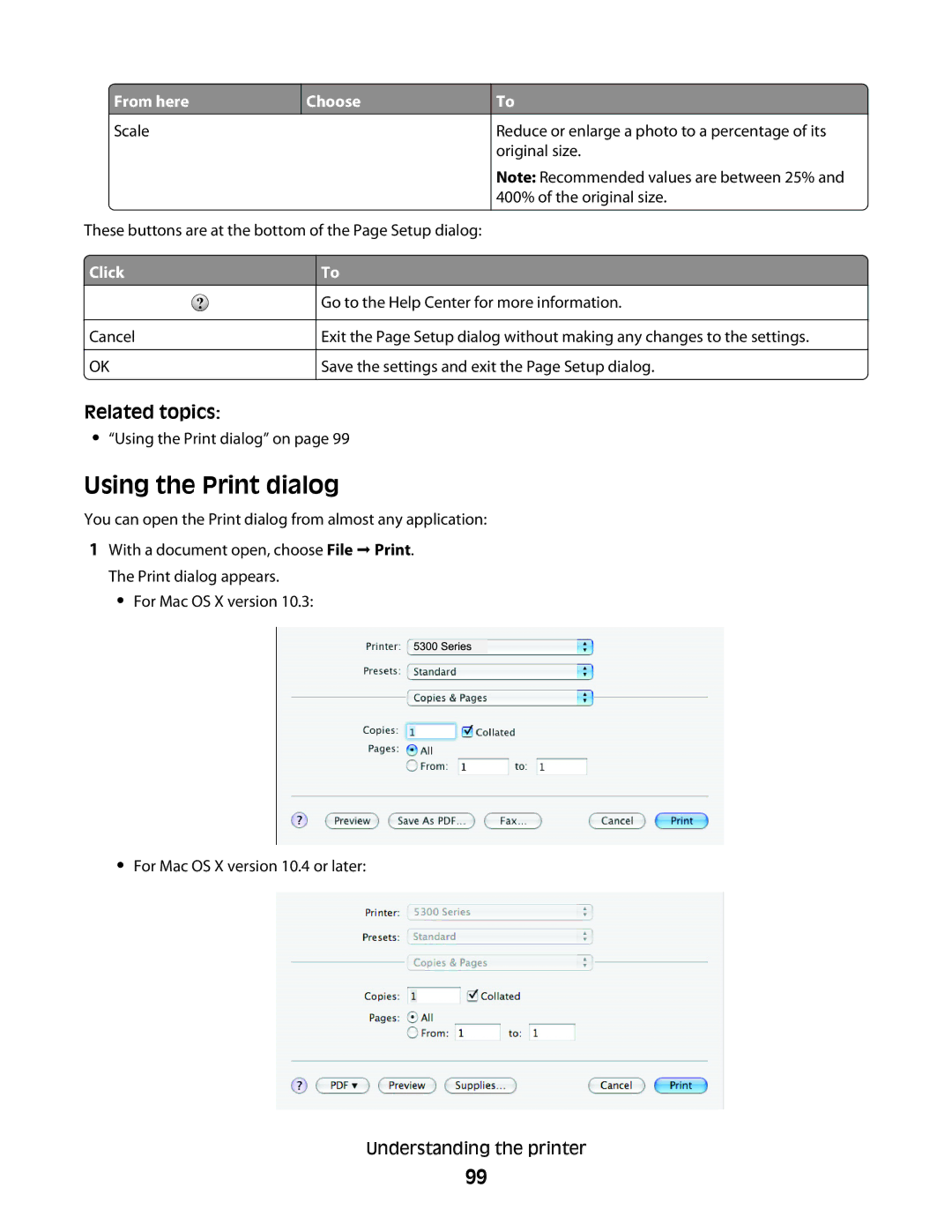 Lexmark 5300 manual Using the Print dialog, From here Choose Scale 