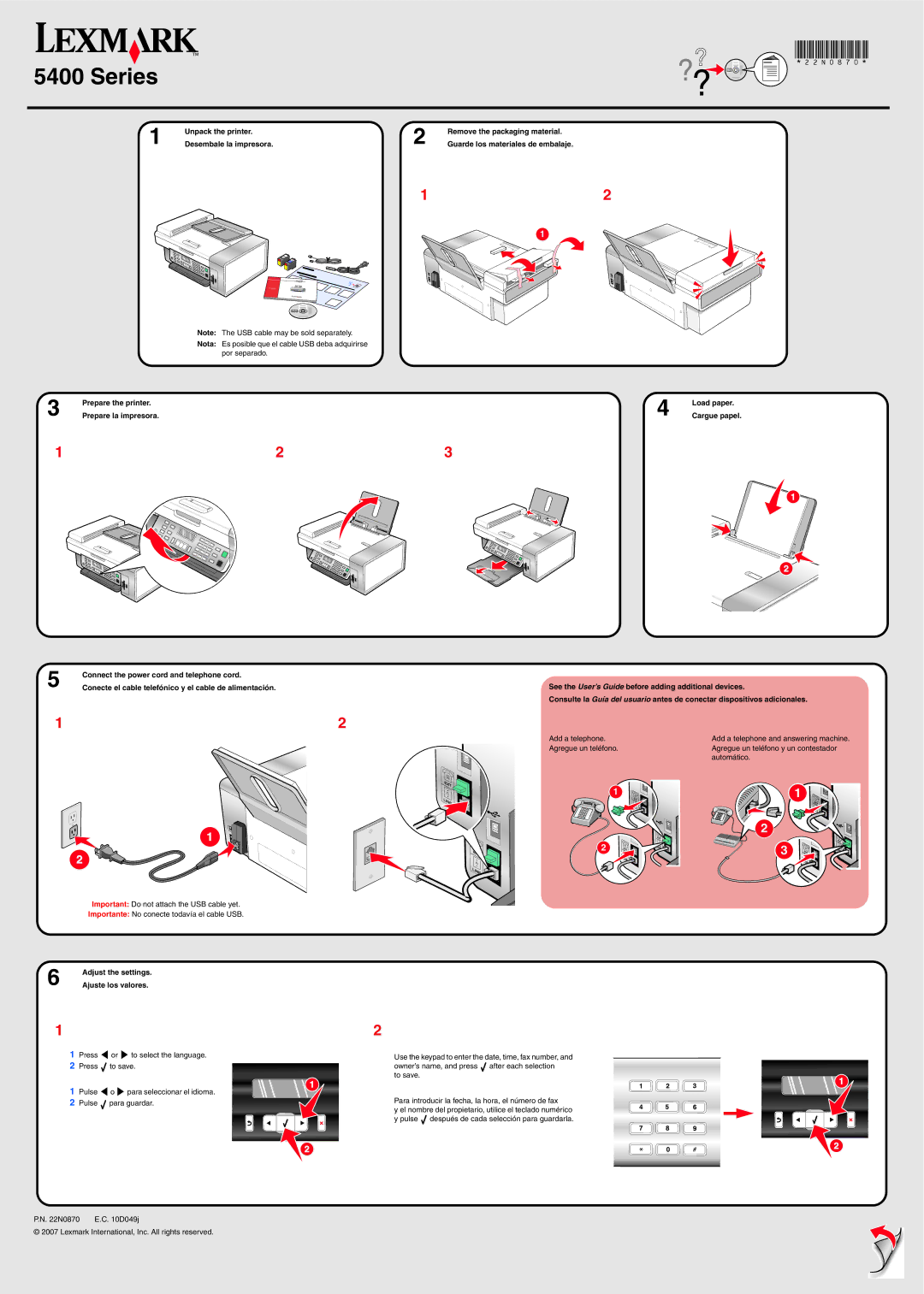 Lexmark 5400 Series manual Unpack the printer, Prepare the printer, Prepare la impresora, Remove the packaging material 