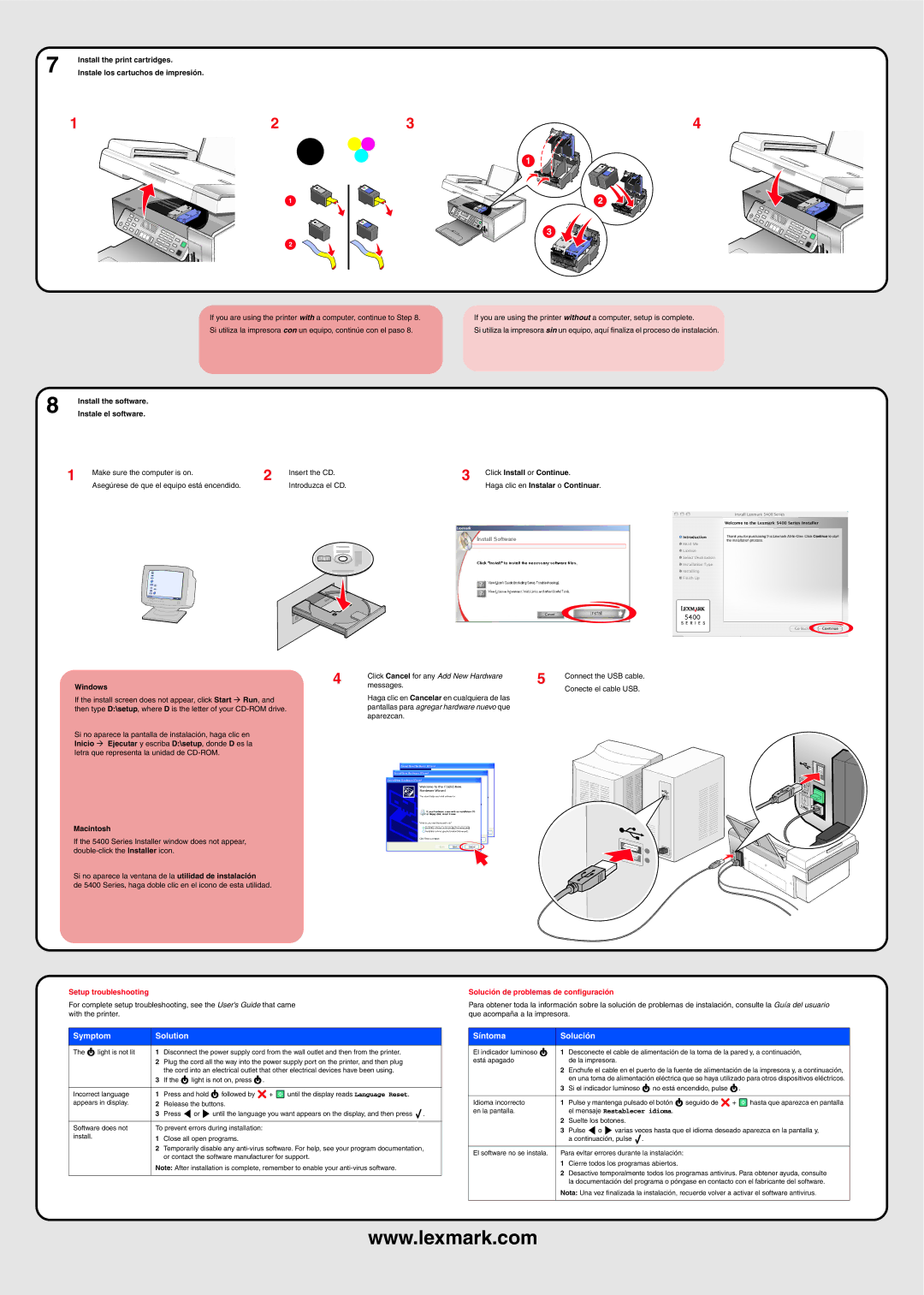 Lexmark 5400 Series manual Symptom Solution, Síntoma Solución 