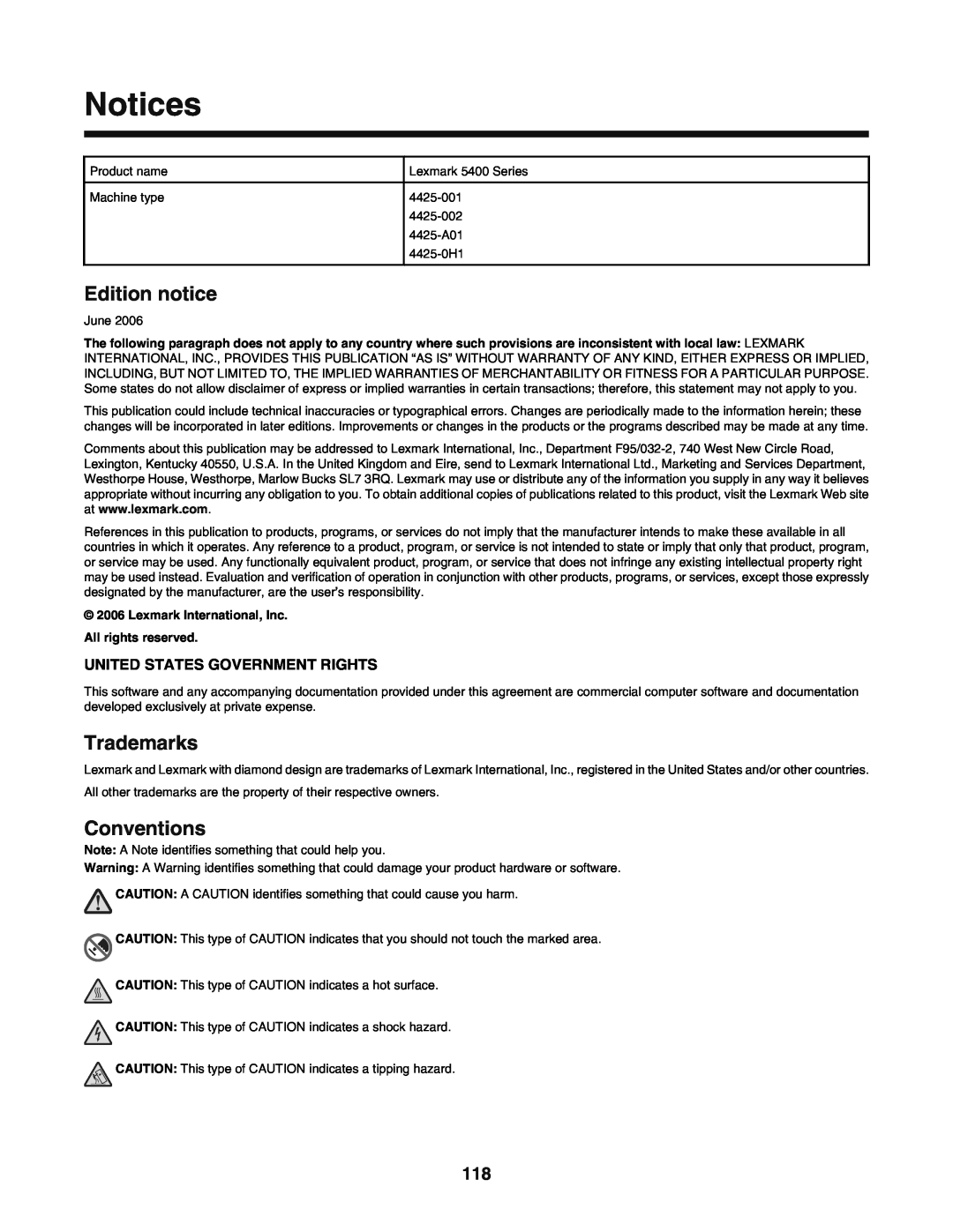 Lexmark 5400 manual Notices, Edition notice, Trademarks, Conventions, United States Government Rights 