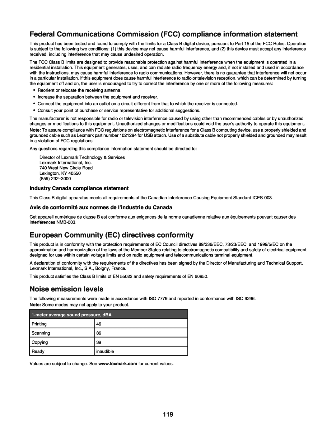 Lexmark 5400 European Community EC directives conformity, Noise emission levels, Industry Canada compliance statement 