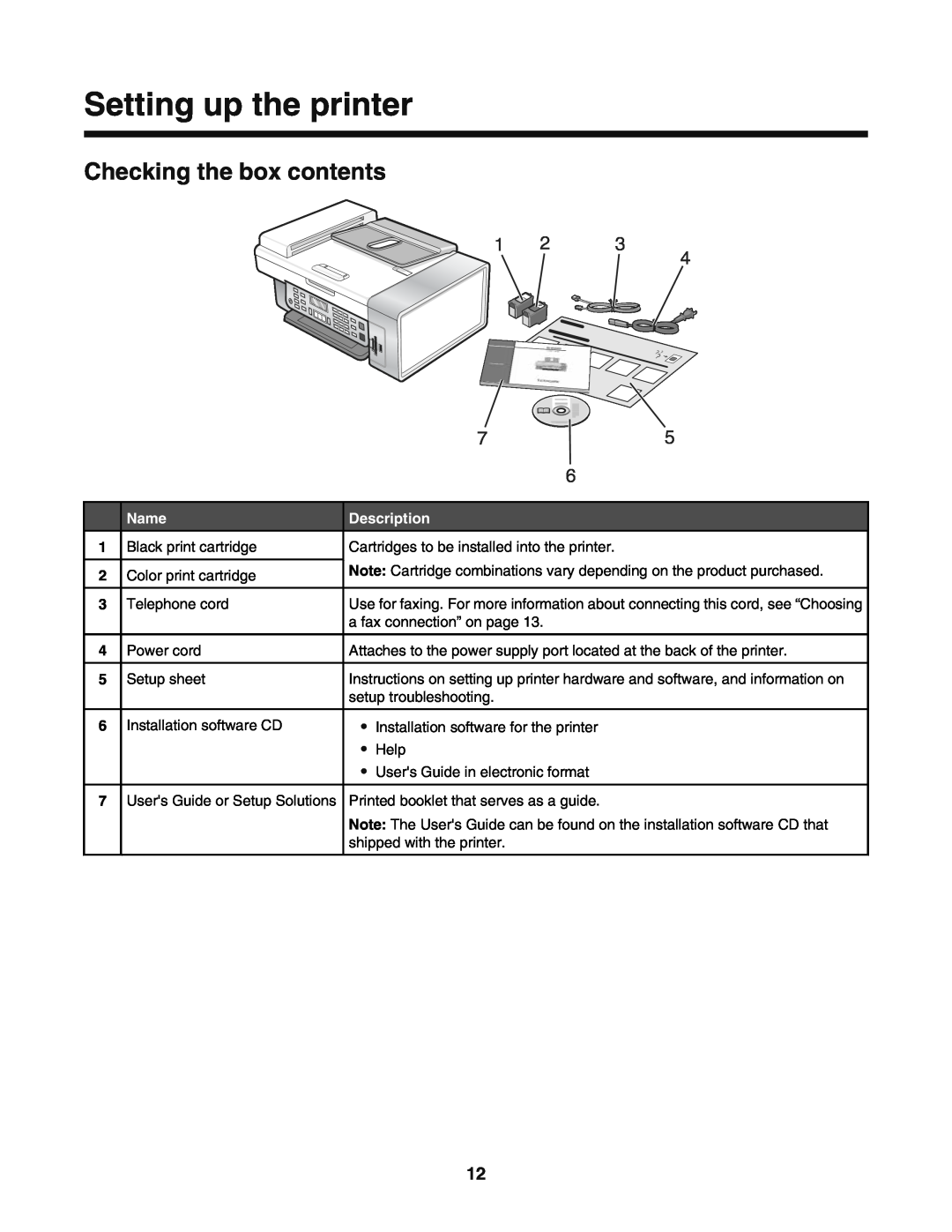 Lexmark 5400 manual Setting up the printer, Checking the box contents, Name, Setup sheet, Users Guide or Setup Solutions 