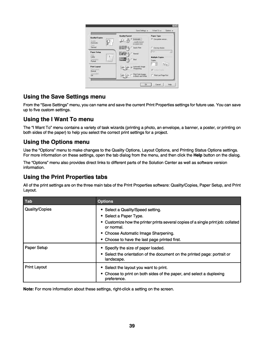 Lexmark 5400 manual Using the Save Settings menu, Using the I Want To menu, Using the Options menu 