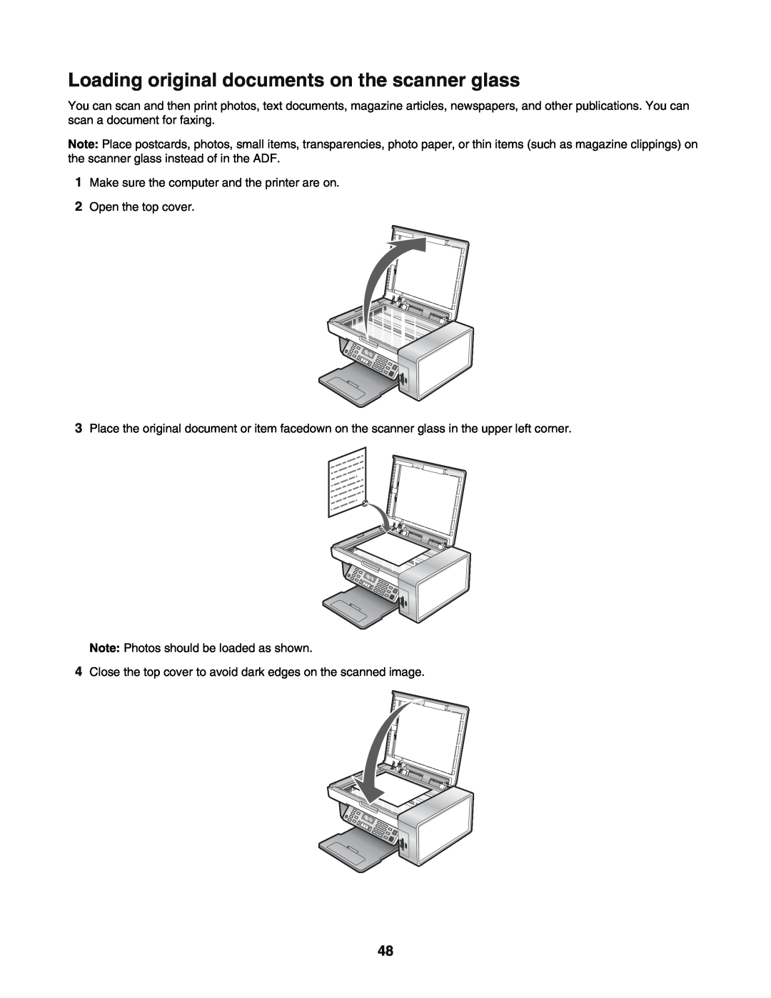 Lexmark 5400 manual Loading original documents on the scanner glass 