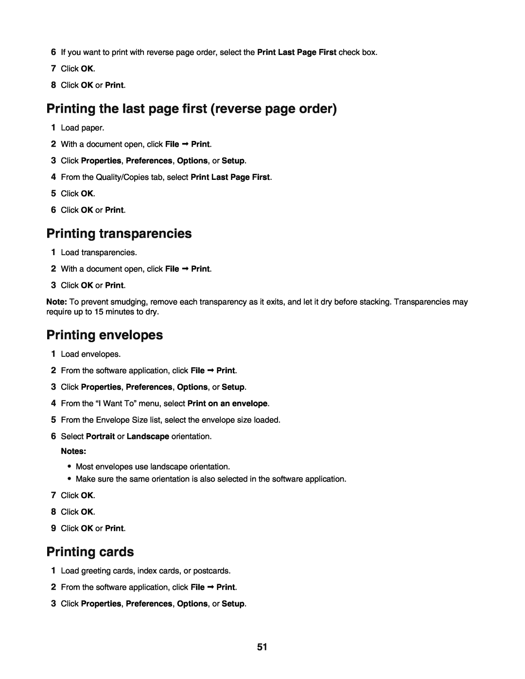 Lexmark 5400 Printing the last page first reverse page order, Printing transparencies, Printing envelopes, Printing cards 