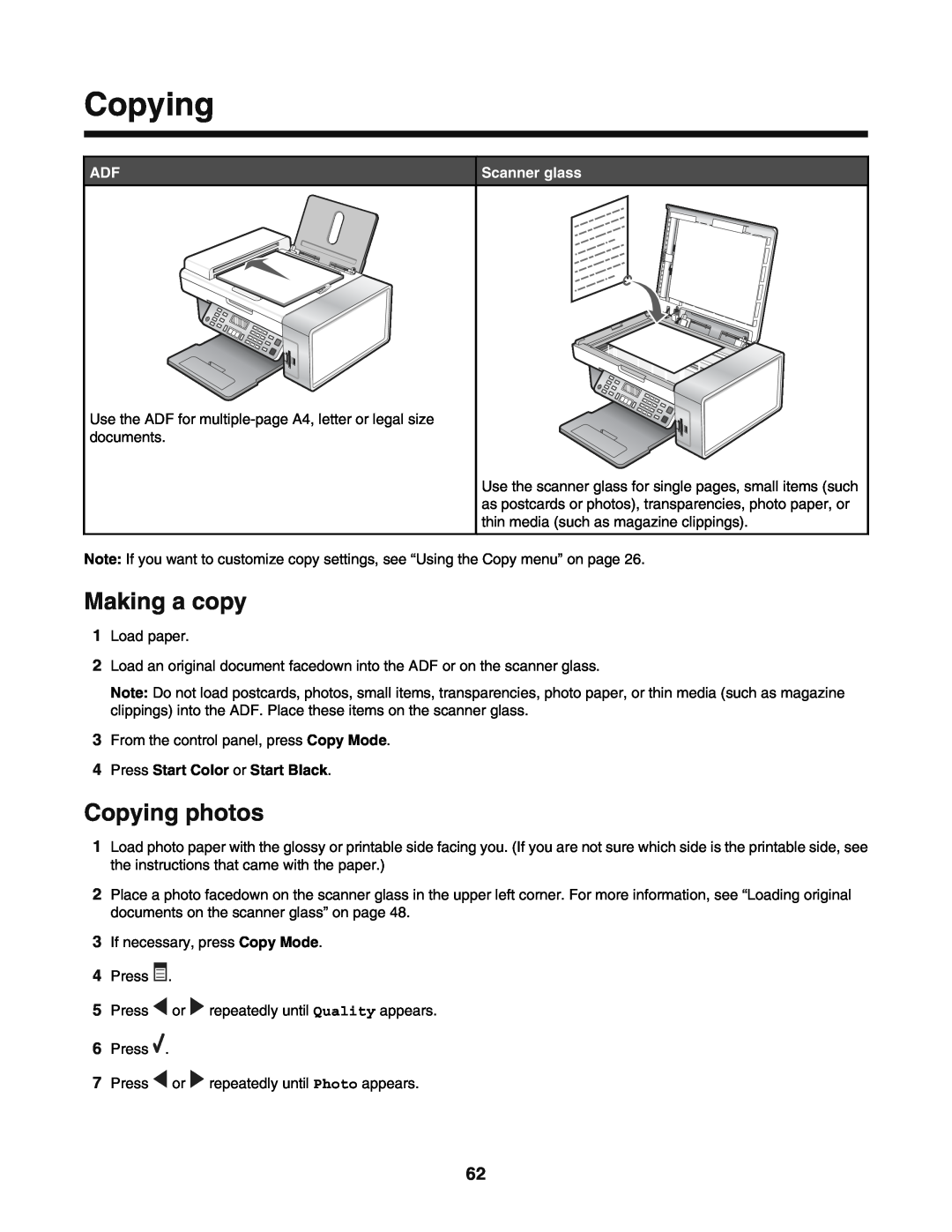 Lexmark 5400 manual Making a copy, Copying photos, Scanner glass, Press Start Color or Start Black 
