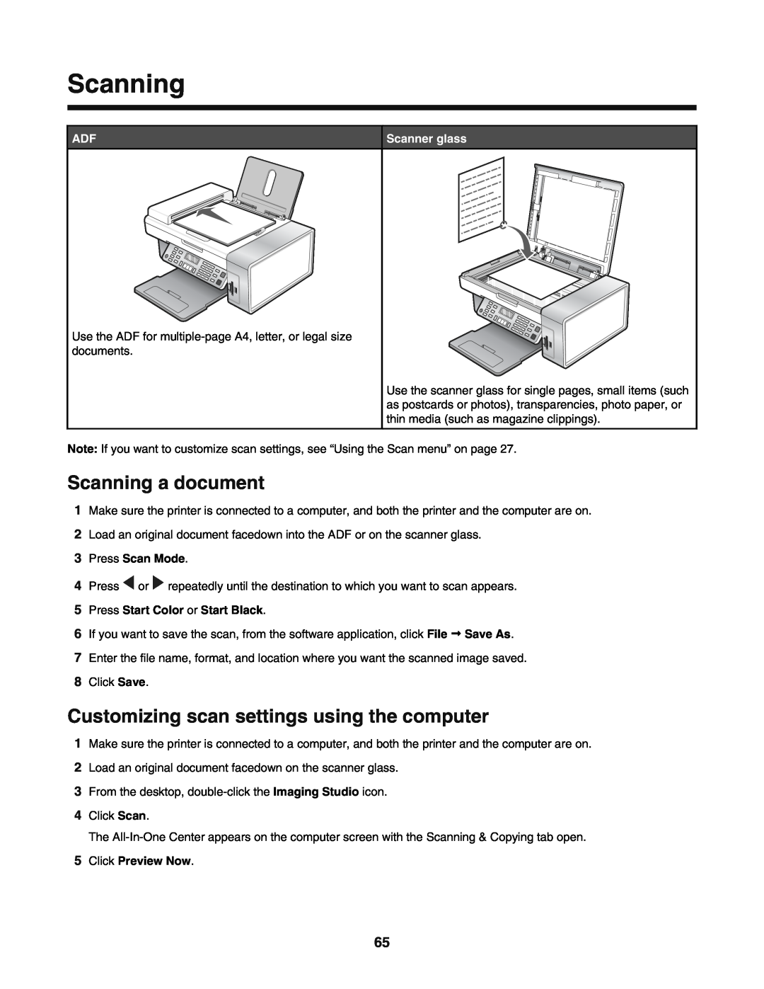 Lexmark 5400 Scanning a document, Customizing scan settings using the computer, Press Scan Mode, Click Preview Now 