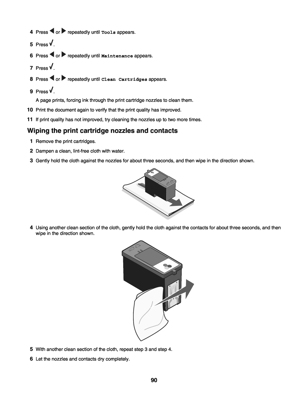 Lexmark 5400 manual Wiping the print cartridge nozzles and contacts 