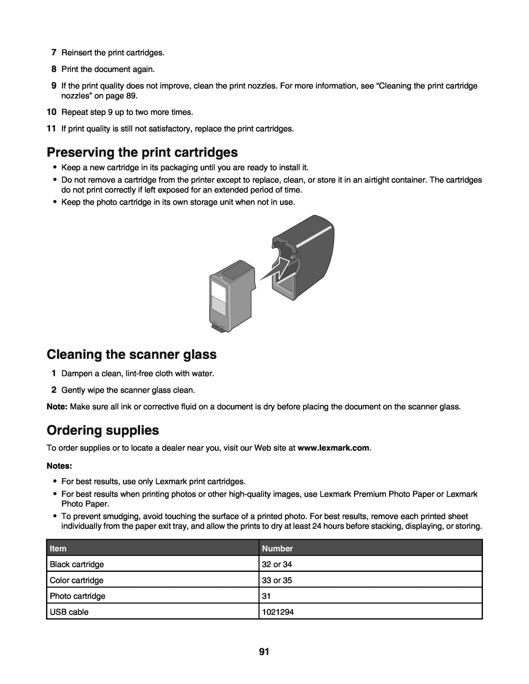 Lexmark 5400 manual Preserving the print cartridges, Cleaning the scanner glass, Ordering supplies, Number 