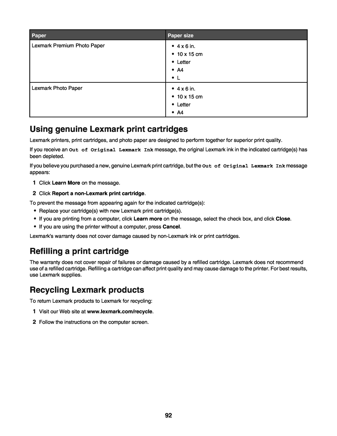 Lexmark 5400 manual Using genuine Lexmark print cartridges, Refilling a print cartridge, Recycling Lexmark products, Paper 