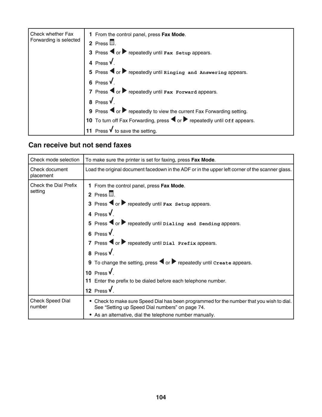 Lexmark 5400 manual Can receive but not send faxes, 104 