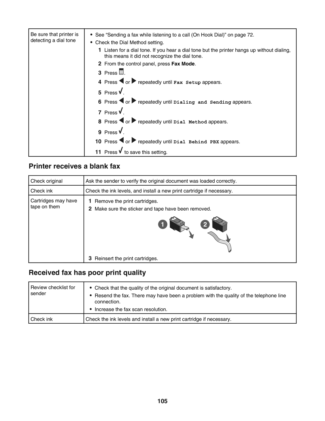 Lexmark 5400 manual Printer receives a blank fax, Received fax has poor print quality, 105 