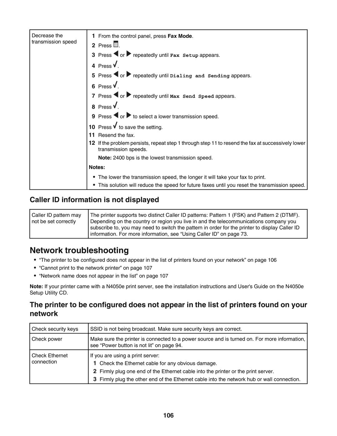 Lexmark 5400 manual Network troubleshooting, Caller ID information is not displayed, 106 