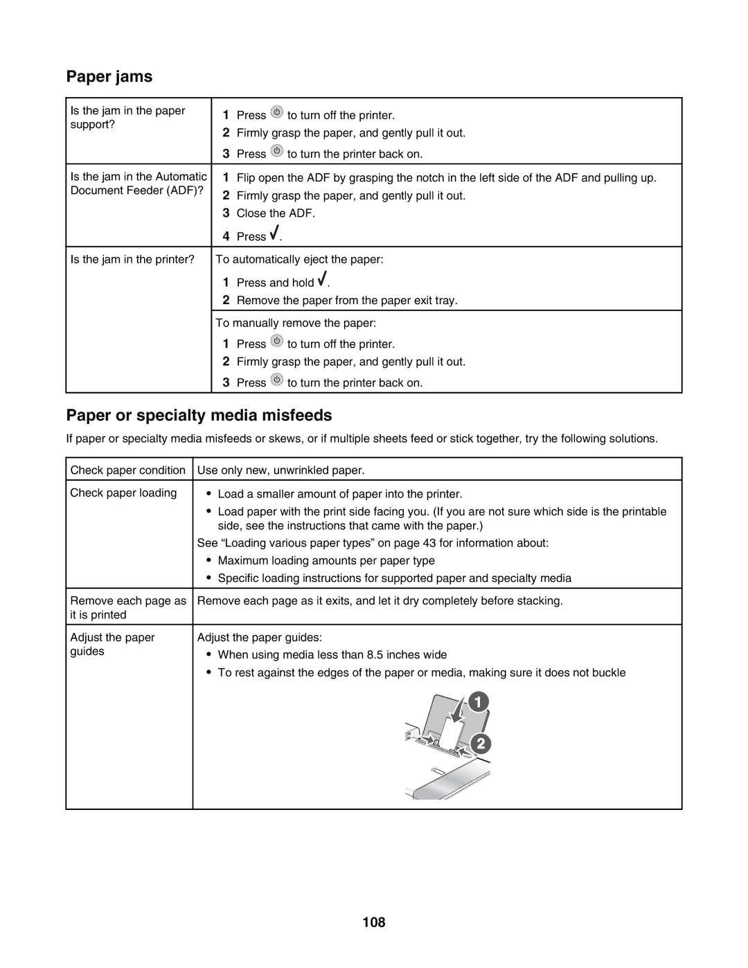 Lexmark 5400 manual Paper jams, Paper or specialty media misfeeds, 108 