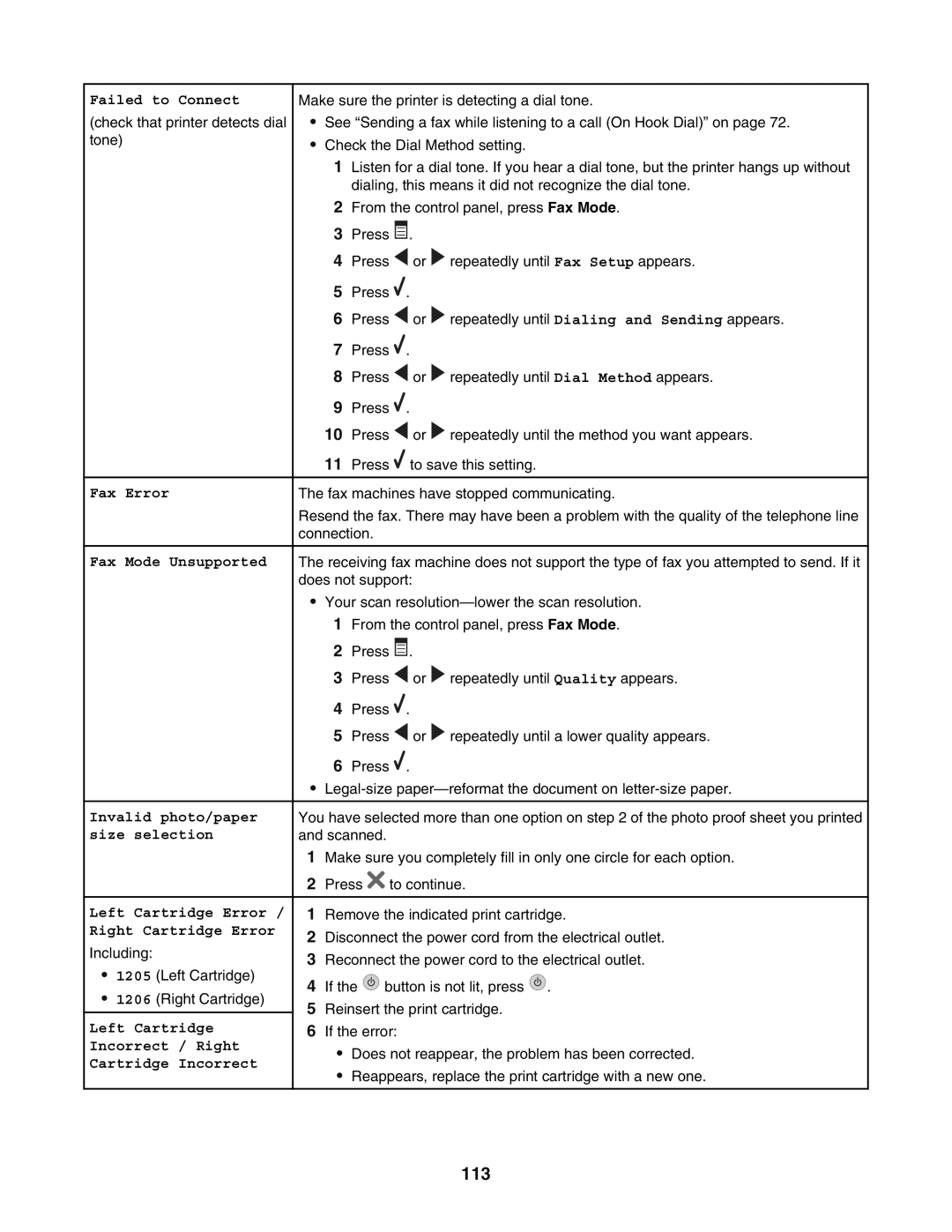 Lexmark 5400 manual 113, Fax Error Fax Mode Unsupported 