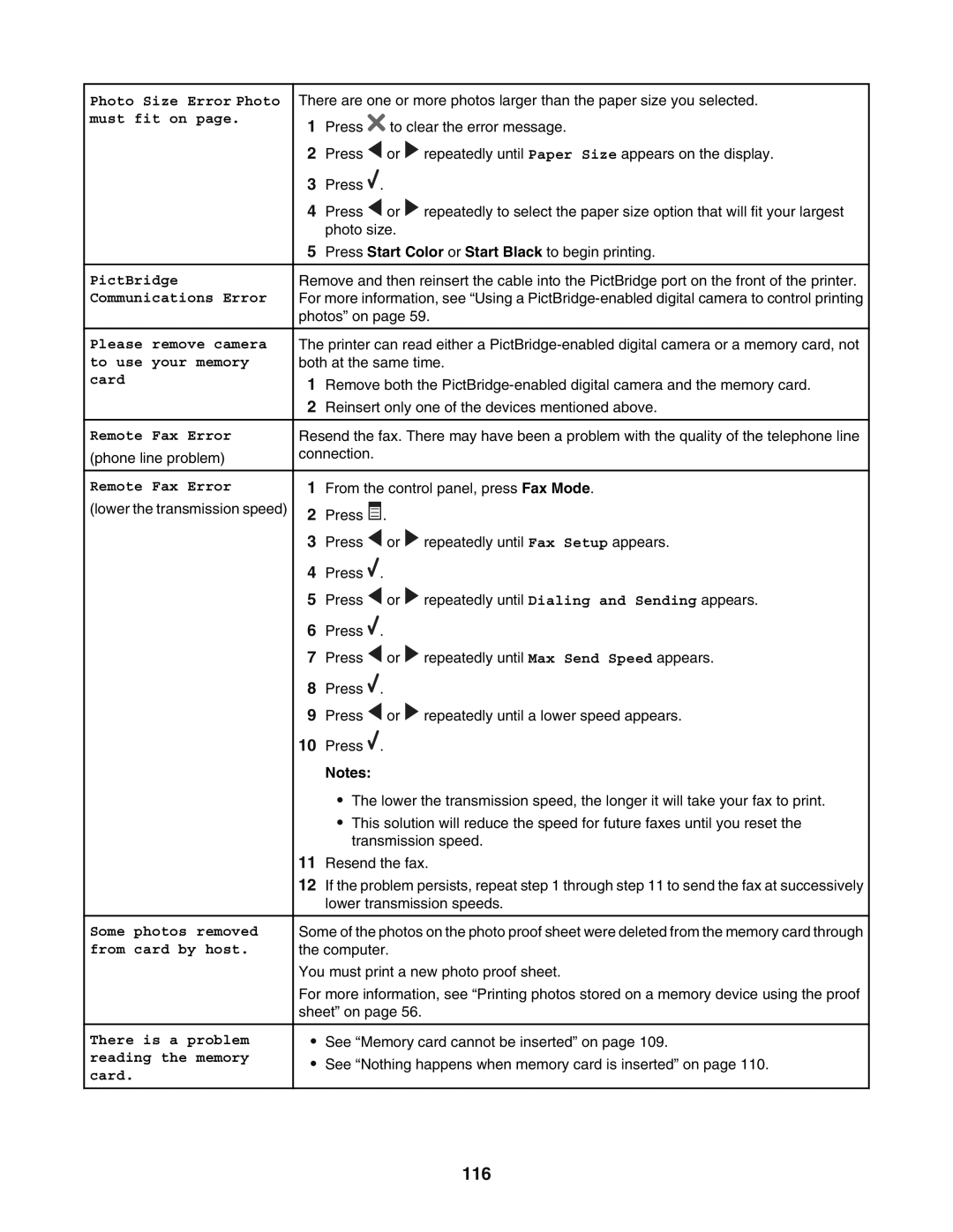 Lexmark 5400 manual 116, There is a problem reading the memory card 