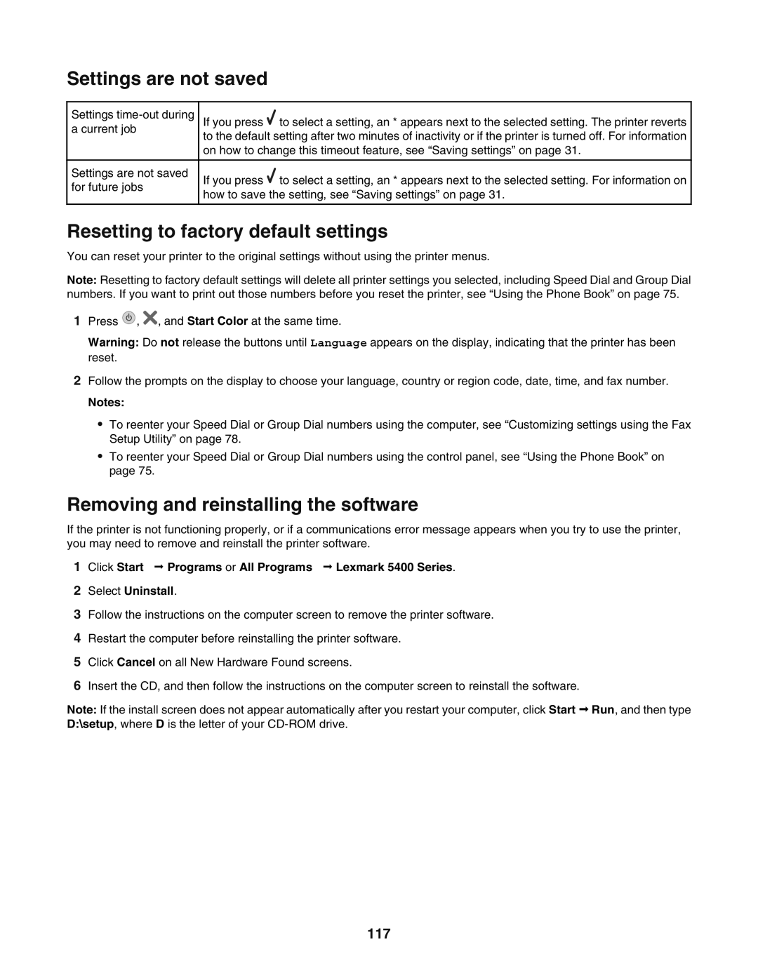 Lexmark 5400 Settings are not saved, Resetting to factory default settings, Removing and reinstalling the software, 117 