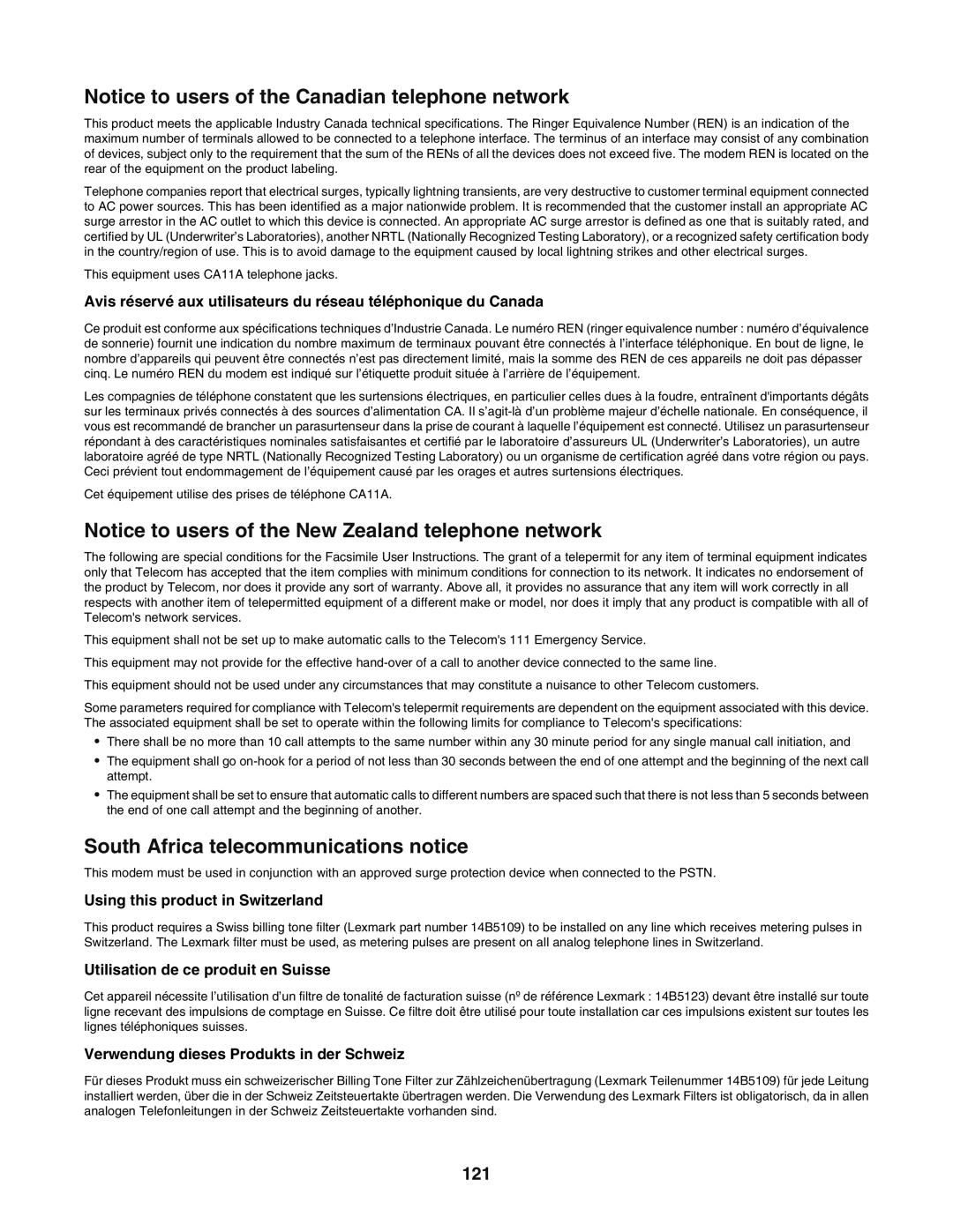 Lexmark 5400 manual 121, Using this product in Switzerland, Utilisation de ce produit en Suisse 