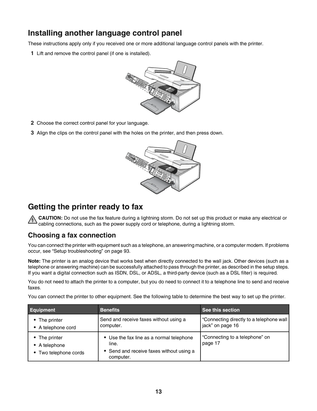 Lexmark 5400 manual Installing another language control panel, Getting the printer ready to fax, Choosing a fax connection 