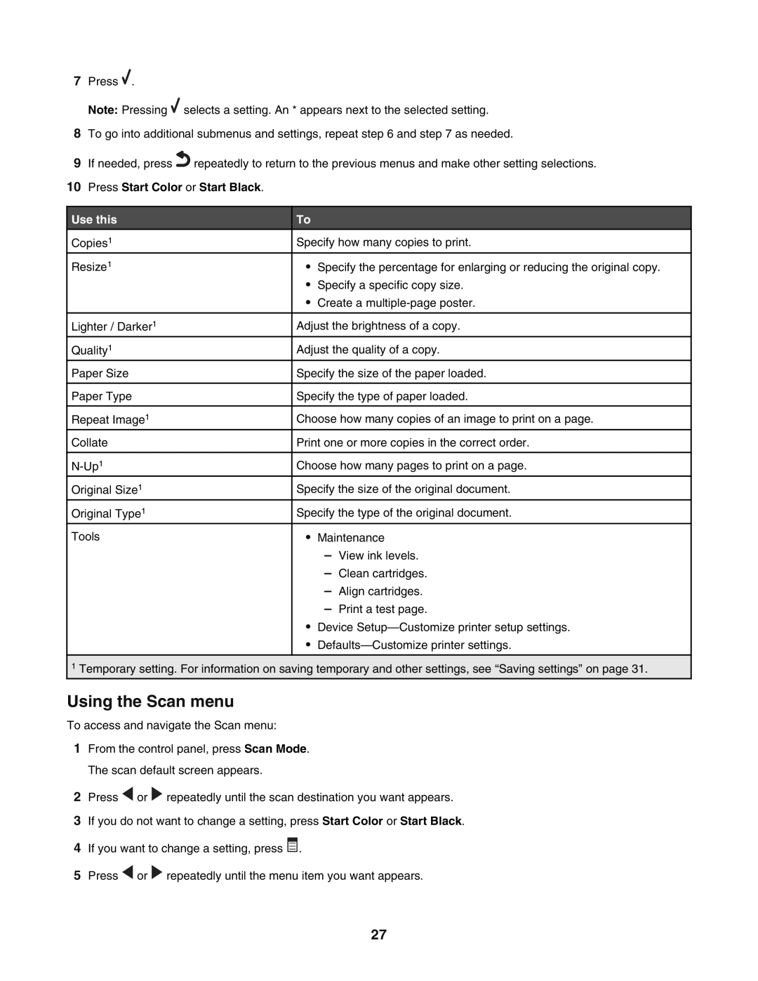 Lexmark 5400 manual Using the Scan menu, Press Start Color or Start Black, Use this 