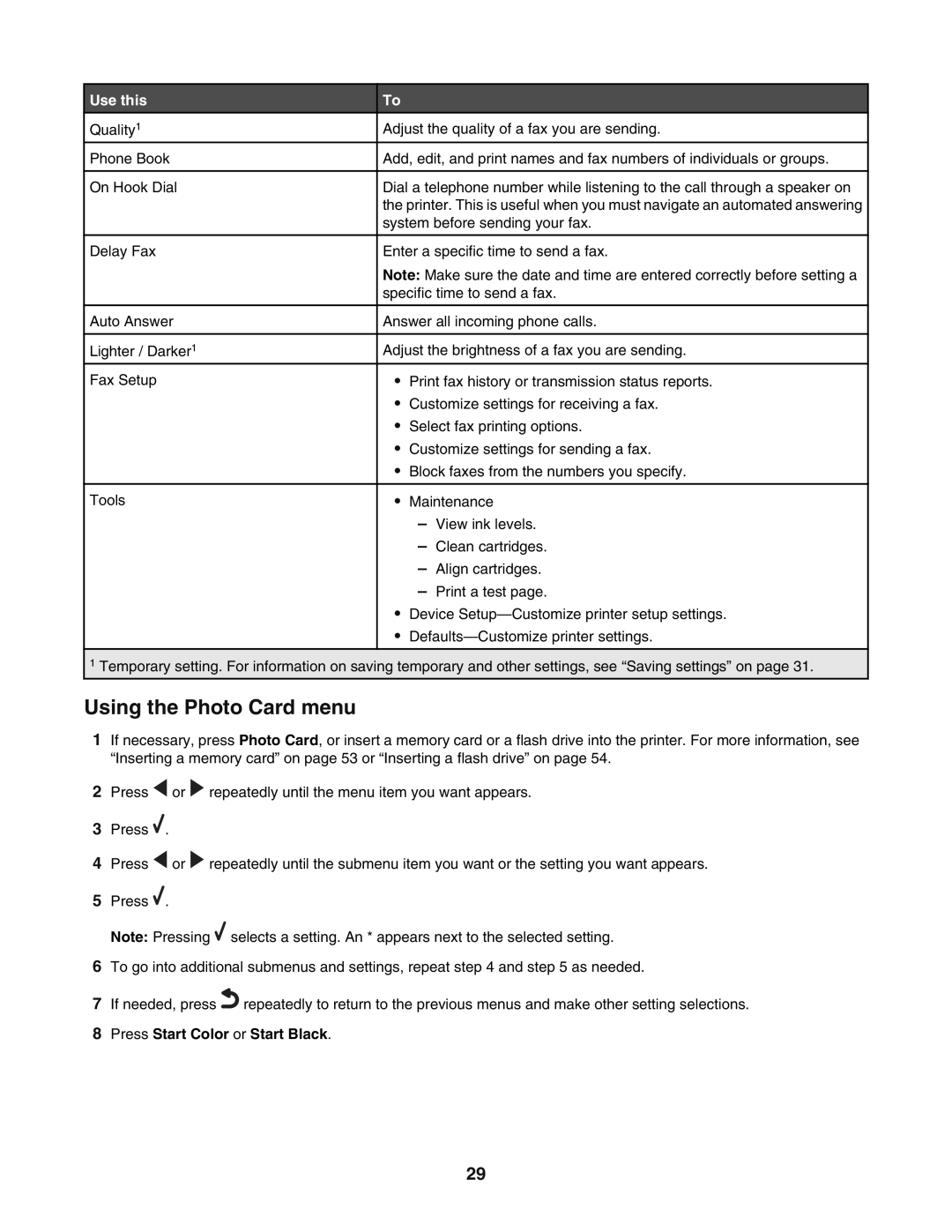 Lexmark 5400 manual Using the Photo Card menu 