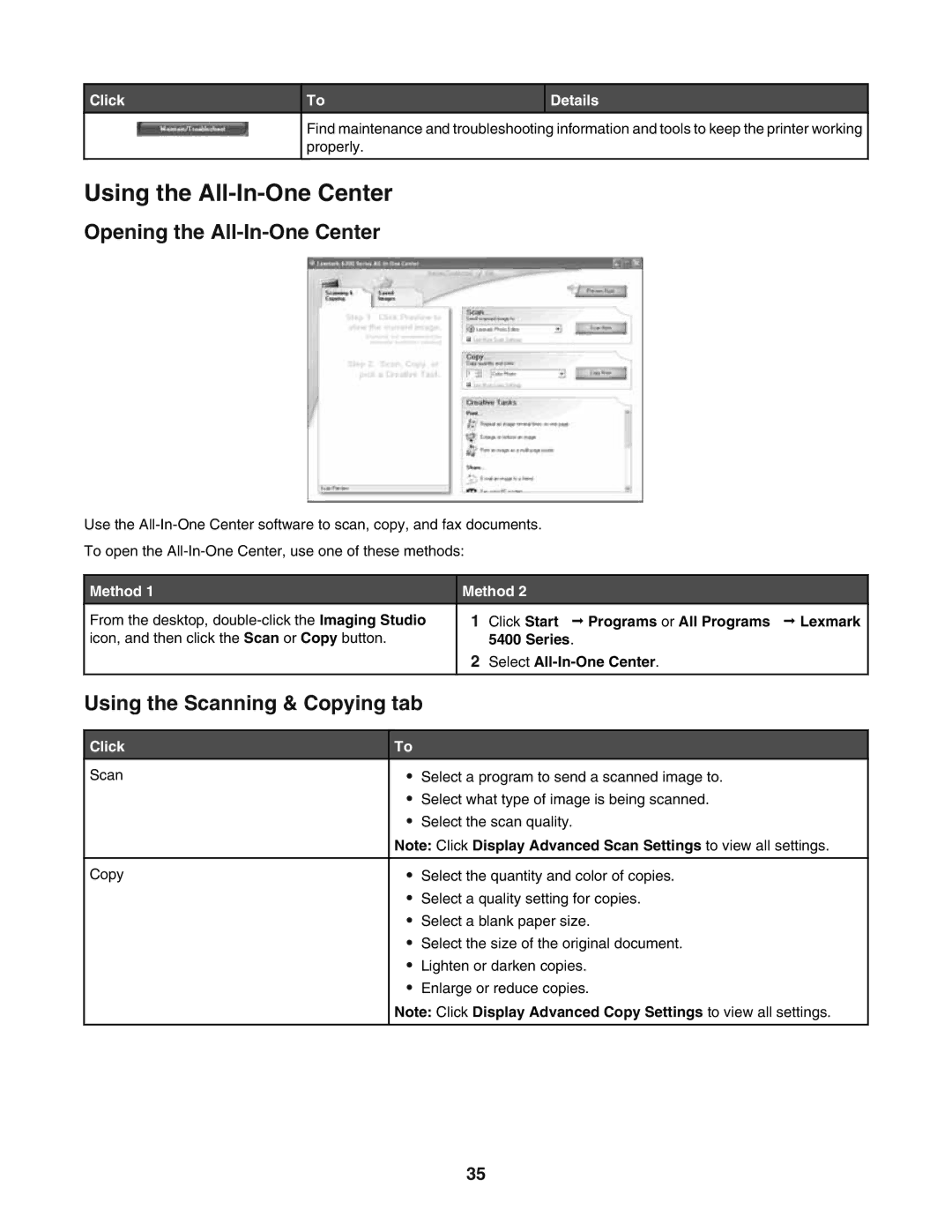 Lexmark 5400 manual Using the All-In-One Center, Opening the All-In-One Center, Using the Scanning & Copying tab, Click 